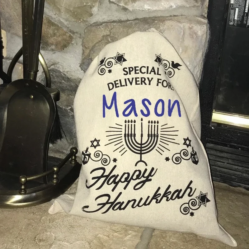 

Personalized Name Happy Hanukkah Drawstring Bag Jewish Family Holiday Celebration Party Decoration Cute Gift Storage Bag for Kid
