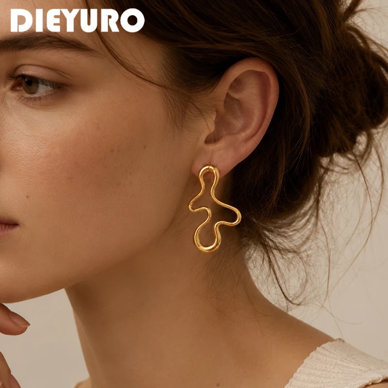 DIEYURO Stainless Steel Popular Golden Wavy Line Earrings Lady Minimalist Irregular Swirl Waterproof Earrings Trend Jewelry Gift
