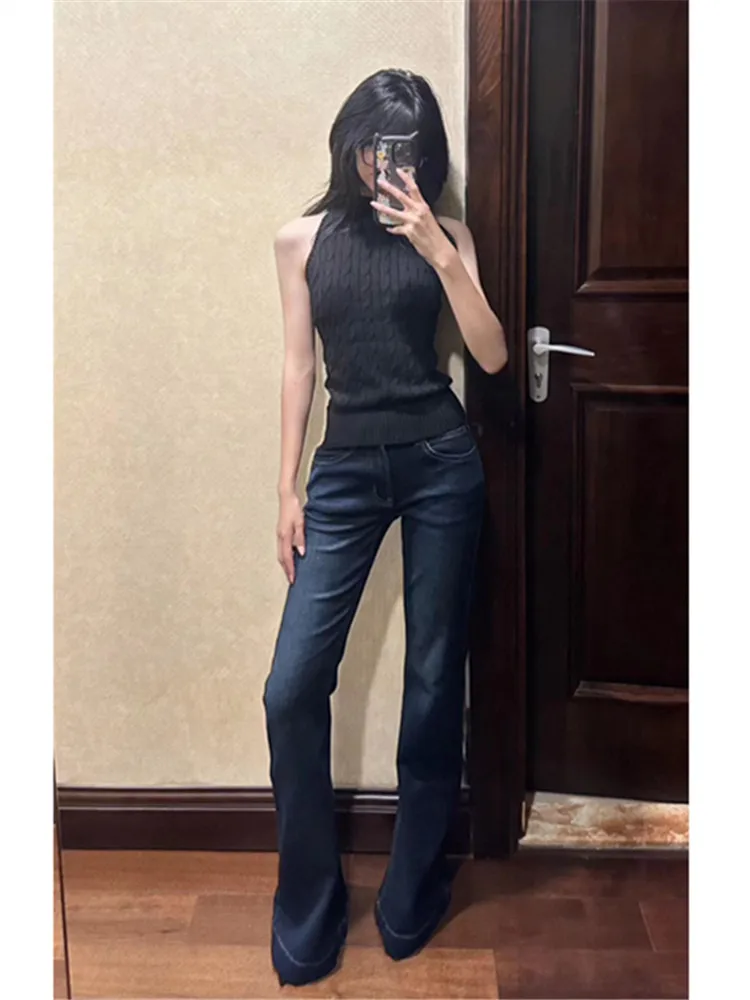 

Extended Length Bootcut Jeans Low Waist Slim Fit Women's Deep Blue Denim Pants High Waist Tapered Leg Spring Autumn