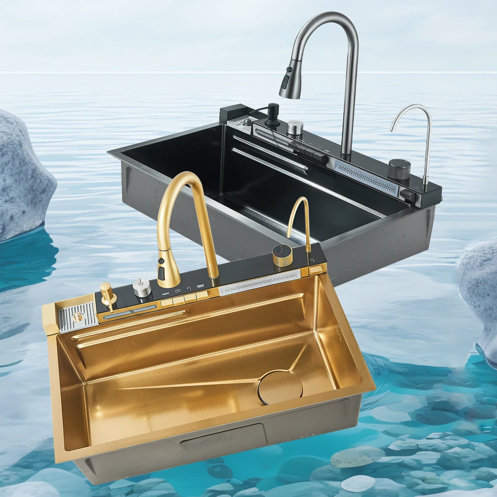 

#handmade kitchen sink nano black gold glass washer sink defrosting board kitchen tap Multi function kitchen sink set