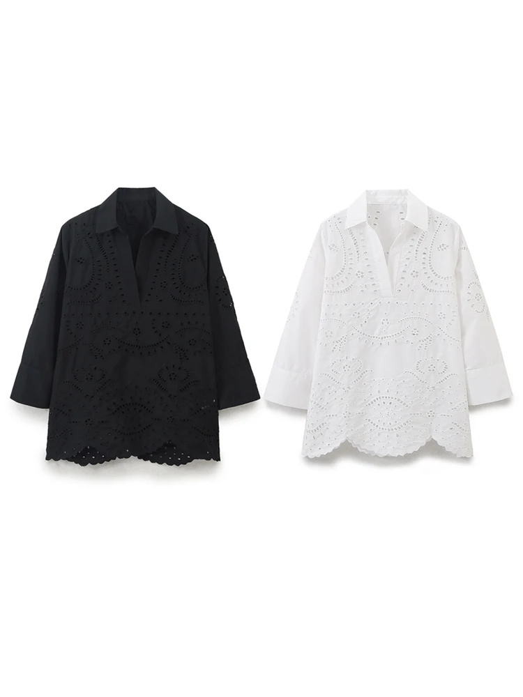 

KAOPU ZA Women cutwork embroidery shirt vintage lapel-neck quarter sleeve scalloped hem female blouses blusas chic tops