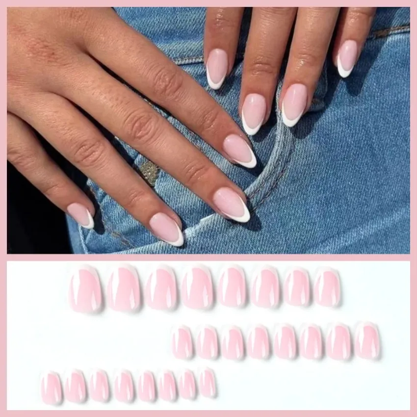 24 pçs/set francês oval unhas falsas conjunto borda branca nu wearable imprensa em dicas de unhas cobertura completa curto acrílico amêndoa unhas falsas arte