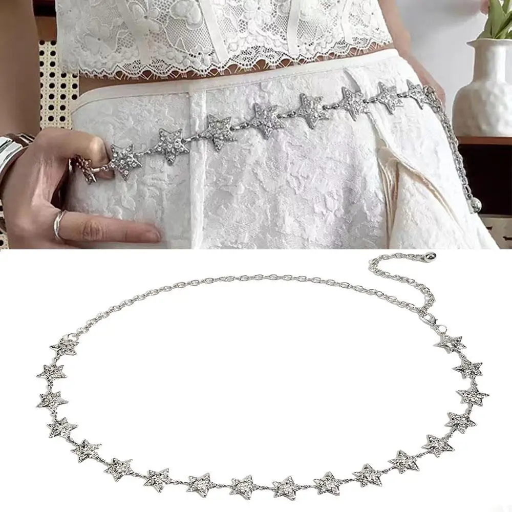 

Металлический пояс со звездой, пентаграммой, цепочкой, регулируемые ленты, серебряные ленты, милая цепочка с кисточками, модный декор, тонкие пояса