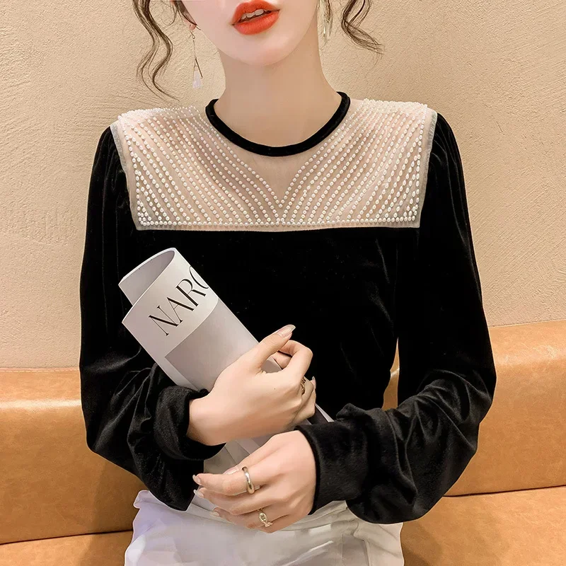 

Рубашки, темпераментные женские топы, Camisas De Muujer, элегантные блузки, Ropa Mujer, винтажная блузка, женская лоскутная бархатная блузка с бисером