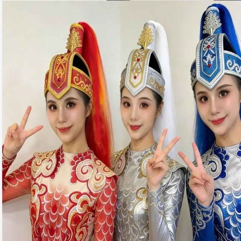 Red Gold Mongolian Dance Headgear With Long Red Tassel, Folk Stage Performance Costume Headdress For Wind Of Horse Dance