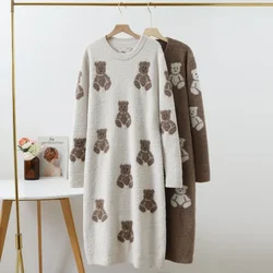 Kuzuwata JAPAN Casual Home Wear Sleepwear O Neck Long Sleeve Bear Embroidery Pajama Dress Autumn Winter Loose Casual Underwear