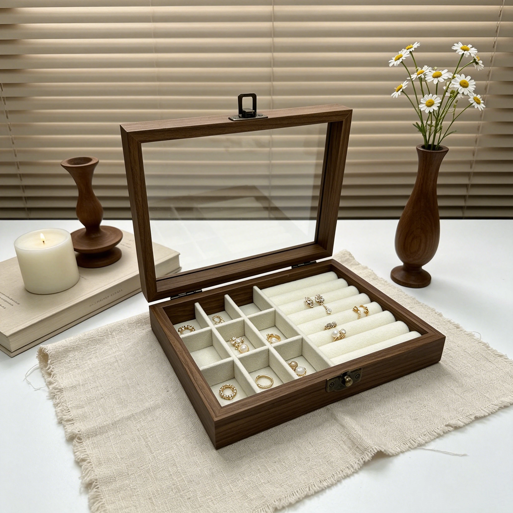 

Nine-Slot Jewelry Storage Box, Suitable for Storing Various Jewelry Items Such as Rings, Earrings, and Stud Earrings, with Dust-