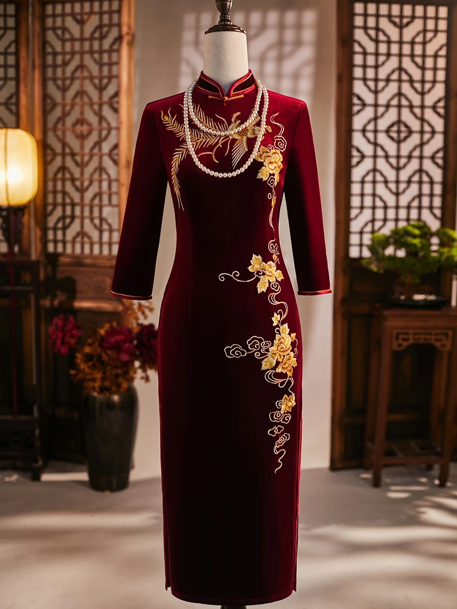 

Ele Long Sve Velvet Qipao Wedding Dr Phoenix Embroidery High End Silk Brocade Autumn Winter New Arrival for andma