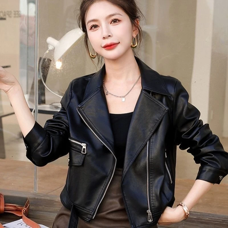 

​2025 Spring Autumn Women's Short Blazer Leather Jacket Motorcycle Style Casual Suit Coat Petite​