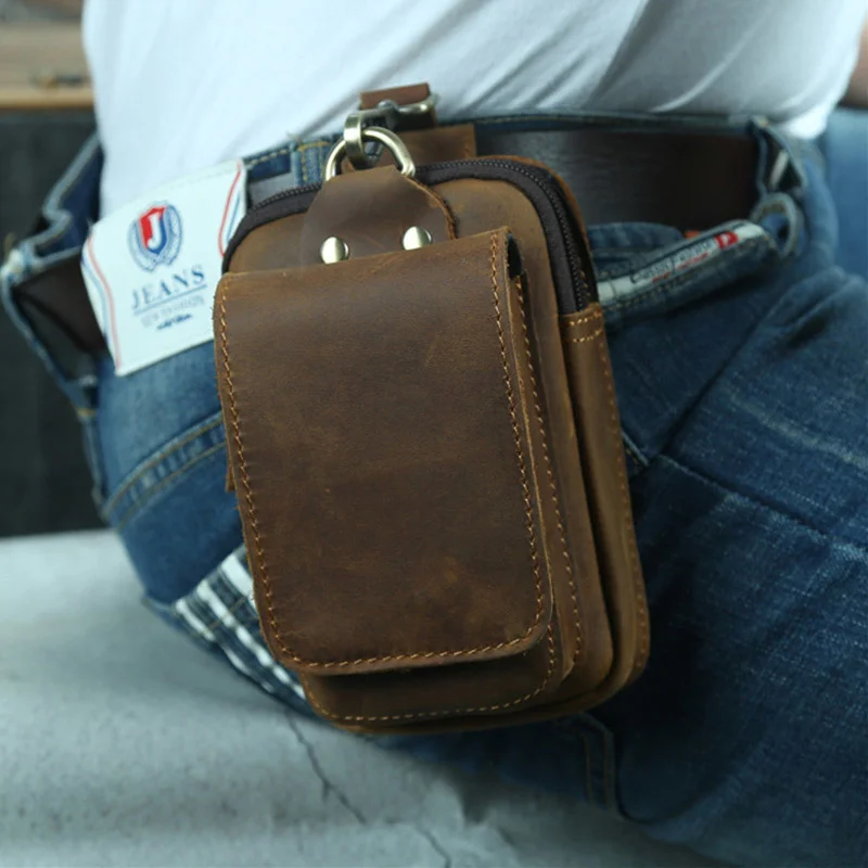 Men Genuine Leather Waist Packs Male Crazy Horse Belt Bag for Cigarette Phone Pouch Case Men's Small Travel