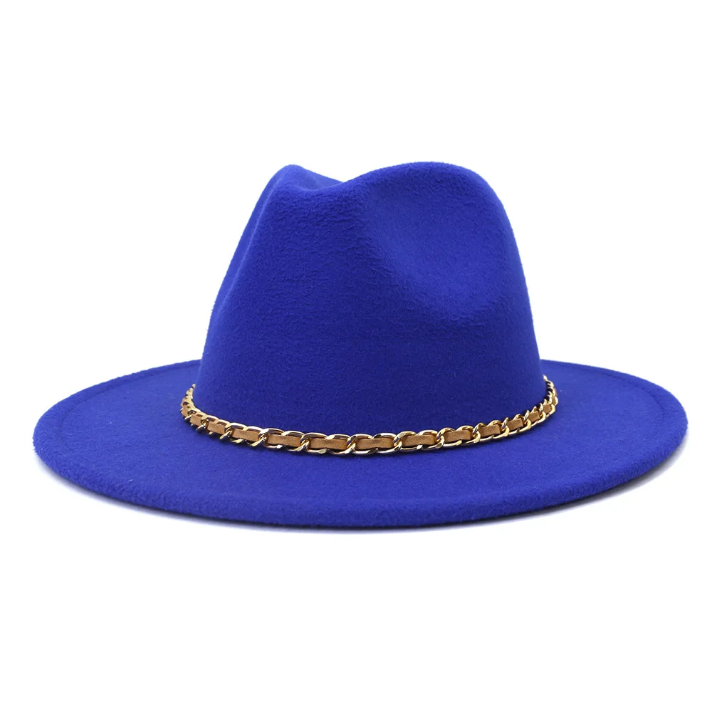 Solid color fedora hat metal chain women\'s wide brim jazz hat autumn and winter British vintage Panama hat wholesale