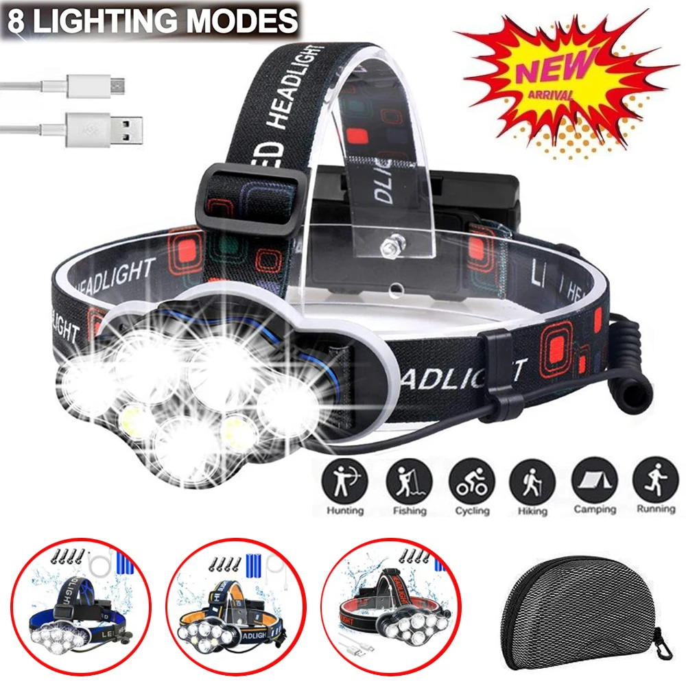 

80000LM Brightest 8 LED Headlight Super Powerful Headlamp USB Rechargeable Head Lamp Waterproof Head Front Light Head Torch