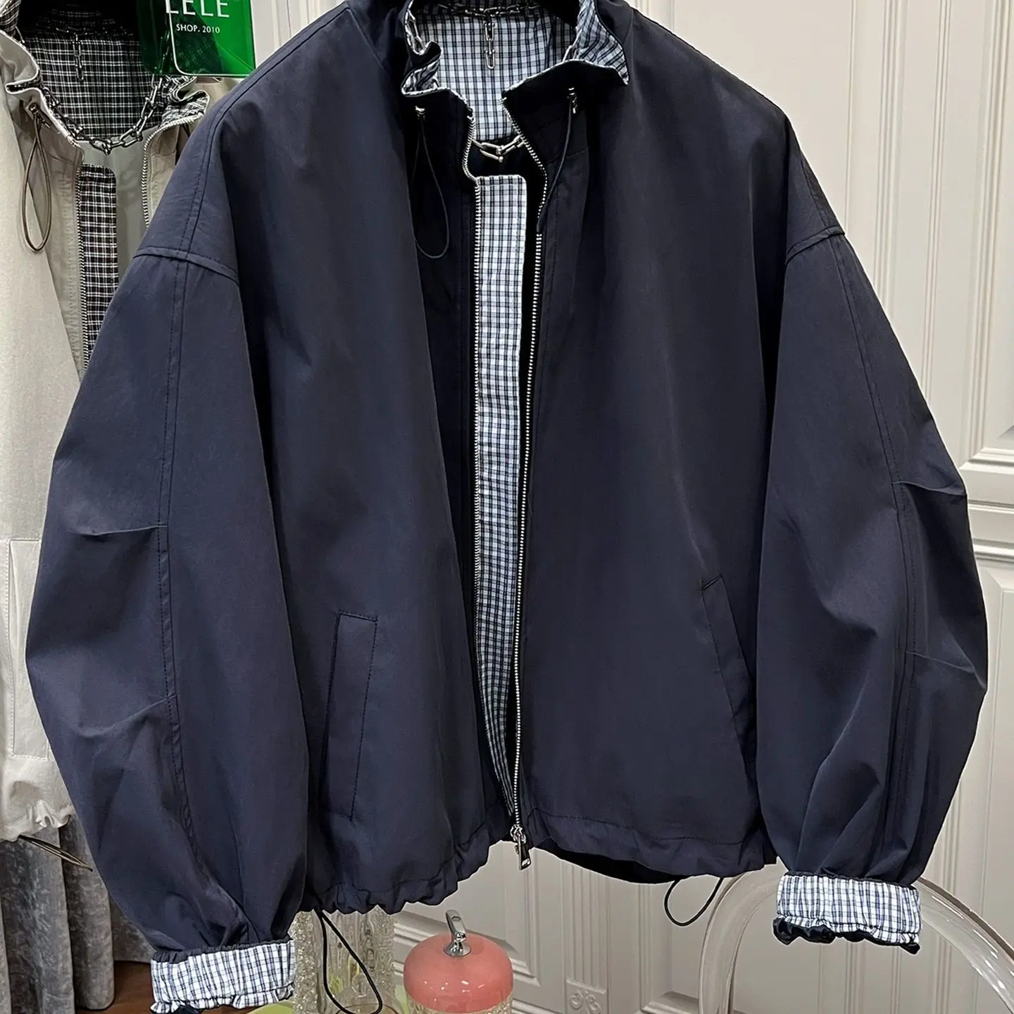 Spring and Autumn Women's Windbreaker Jacket Loose Stand Collar Commuter Grid Windproof Jacket