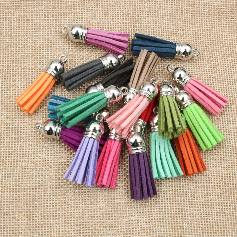 10 sztuk 38mm 55mm długość Suede Tassel dla brelok telefon pasy biżuteria Charms, skórzane frędzle z posrebrzane złote czapki