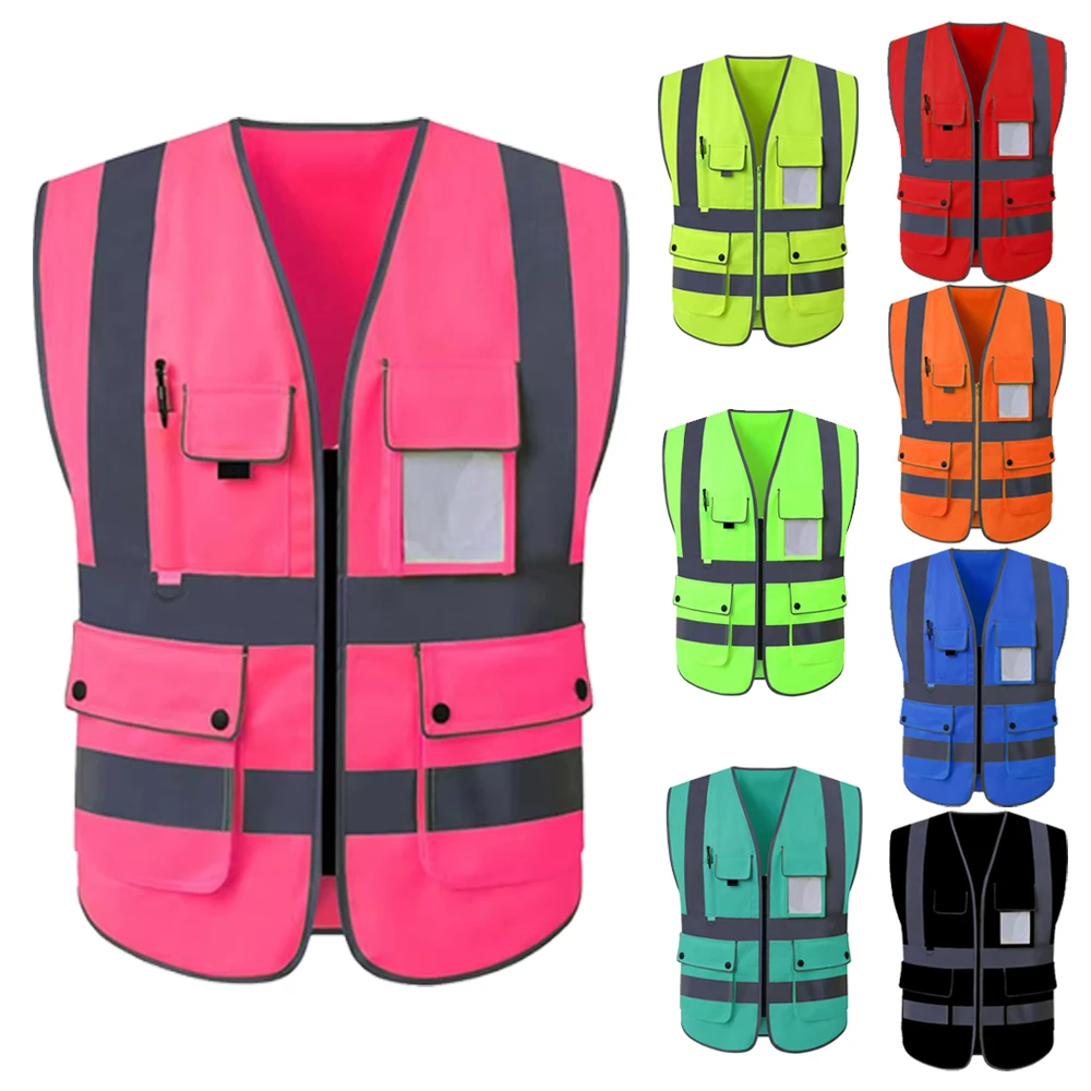 Custom LOGO S-5XL Hi Vis Workwear Vest with Pockets and Zipper High Visibility Construction Vest Uniforms Working Clothing