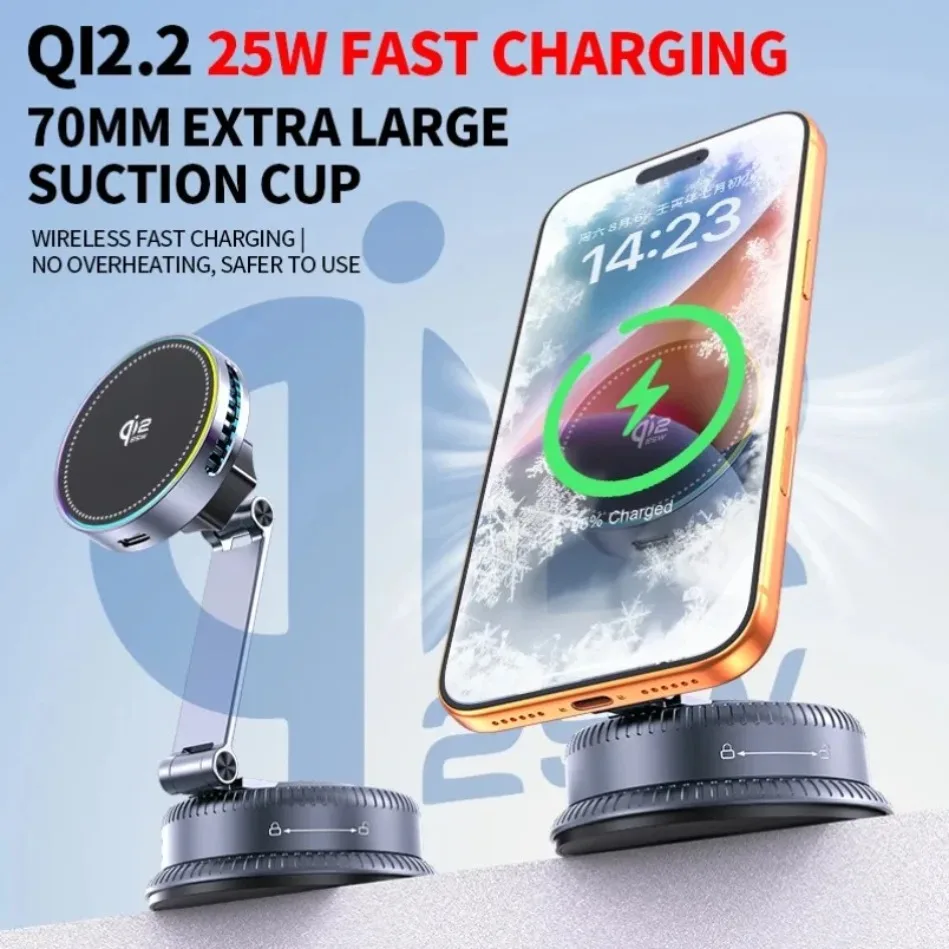 25W Qi2 Magnetic Wireless Car Charger Vacuum Suction Cup Mount with Active Cooling Fan N52 Magnet Foldable for Smartphone GPS