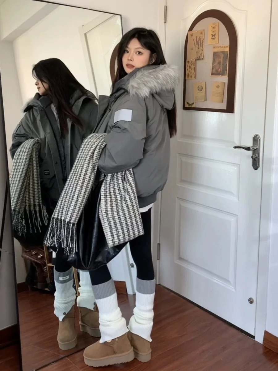 

Retro American Large Fur Collar Workwear down Cotton Jaet Women's Winter Thiened Design Unique Cotton Coat Trendy