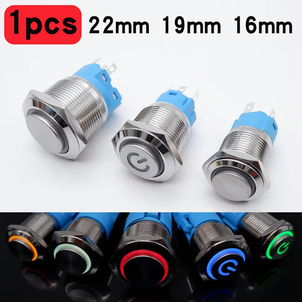 16mm 19mm 22mm Metal Push Button Switch LED Light Momentary Latching On Off Power Start Stop 3V 6V 12V 24V 110V 220V Red Biue