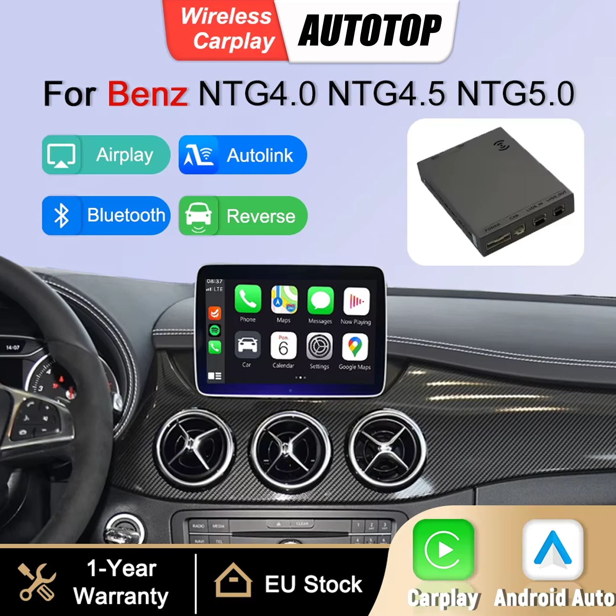 Boîtier adaptateur d'interface sans fil CarPlay Android Auto pour Mercedes Benz A B C E S GLA GLC GLS GLK SLK W176 W207 W246 W212 W204 NTG 4.0 NTG4.5 NTG5.0 Mirror Link Airplay BT Module de navigation GPS