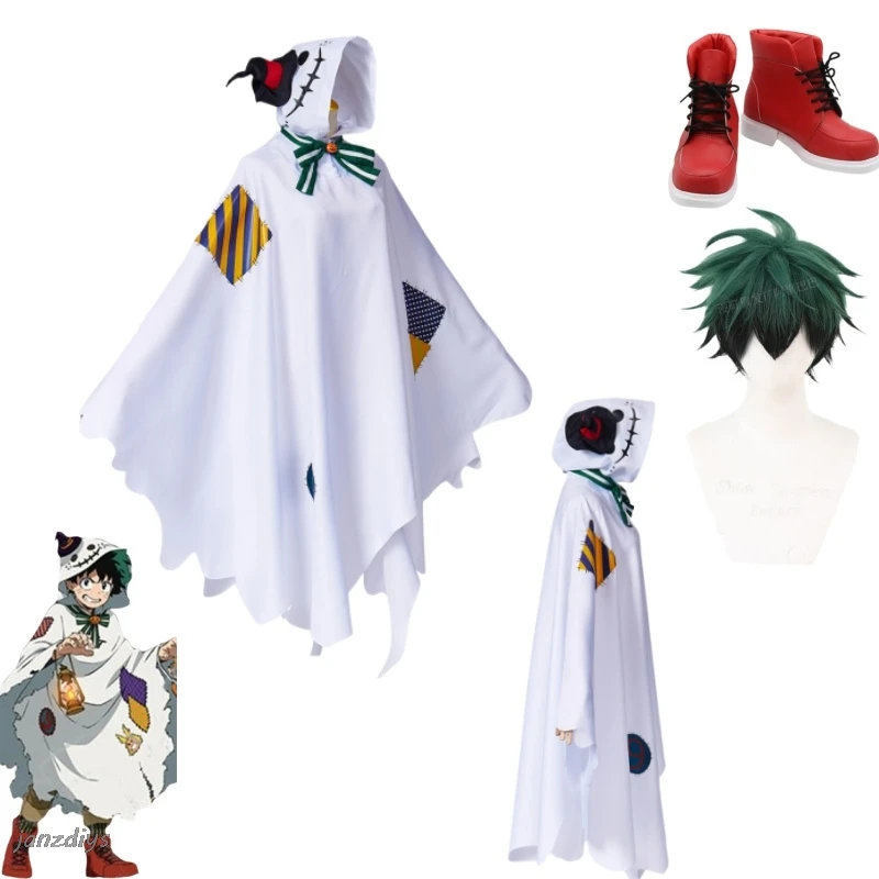 Anime meu herói academia midoriya boku no izuku cosplay traje halloween fantasma com capuz manto sapatos peruca conjunto