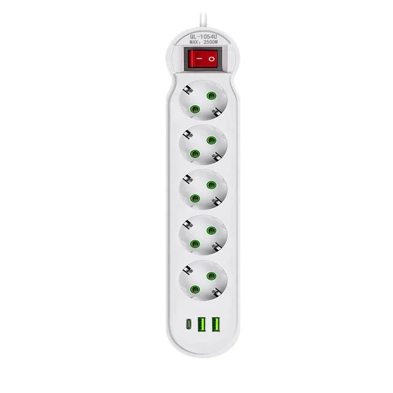 EU-stekker stekkerdoos 2/3/4/5 stopcontact Multitap-verlenging 10A met 2 USB 1 Type-C-poorten 2 m snoer stopcontact 2500 W