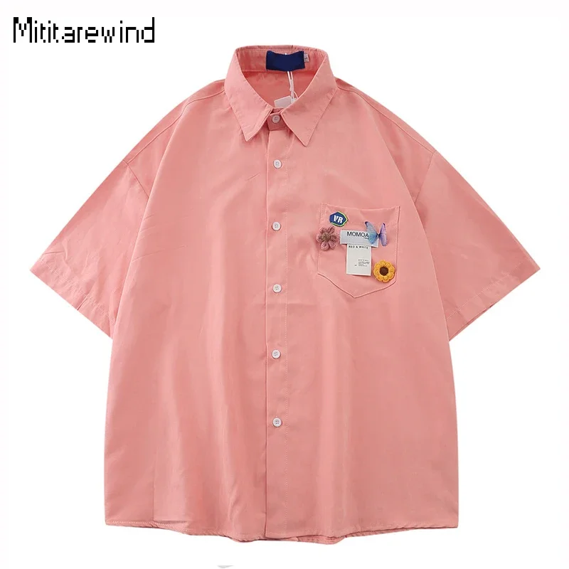 

Летние мужские рубашки и блузки Праздничные пляжные розовые рубашки с коротким рукавом Карманный шикарный дизайн Рубашка на пуговицах Свободные топы для пар Молодежные