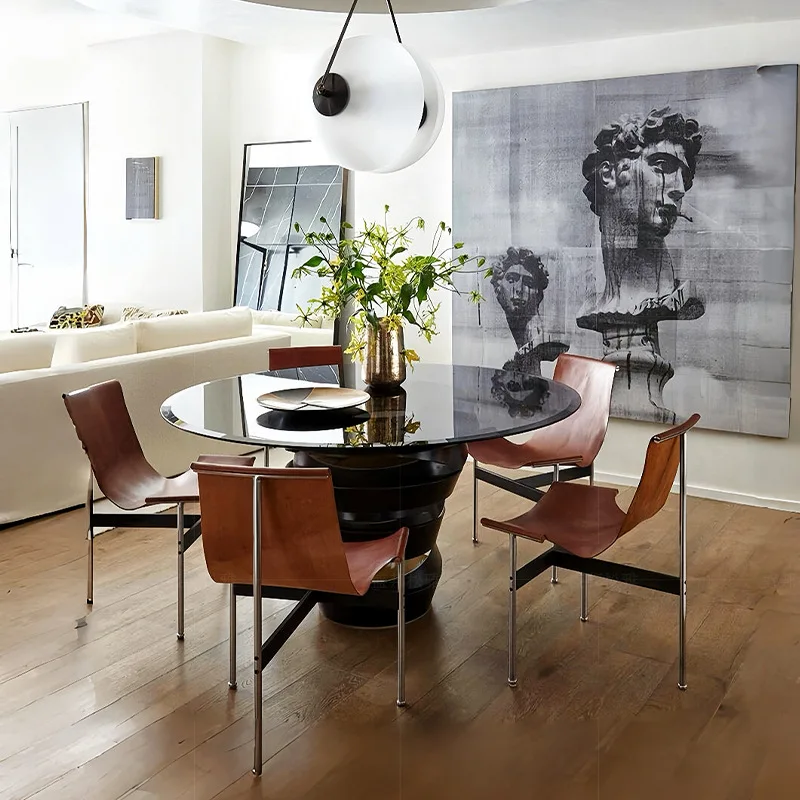 طاولة طعام زجاجية فاخرة خفيفة إيطالية مطعم منزل فيلا تصميم حديث إحساس متقدم إبداعي مستدير من الفولاذ المقاوم للصدأ #4