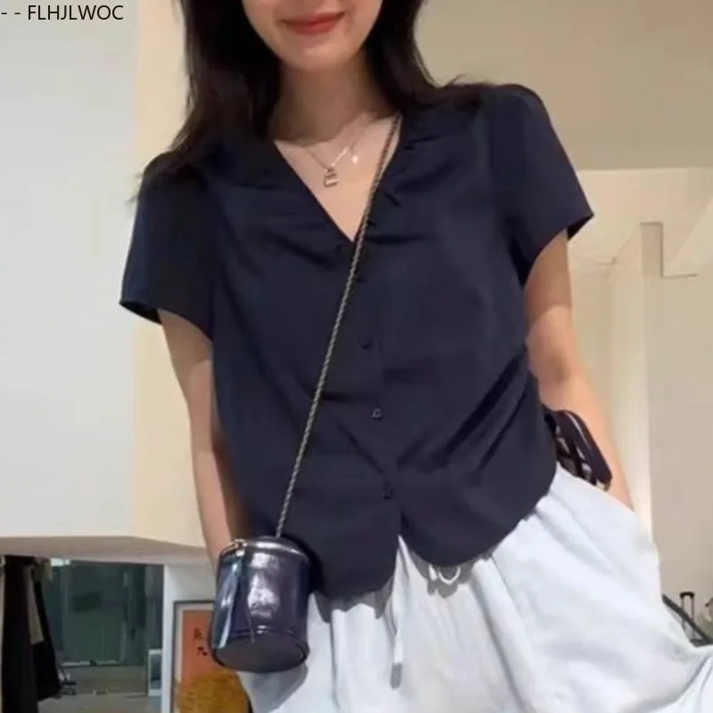 ผ้าฝ้ายผสมเสื้อใหม่แฟชั่นผู้หญิงฤดูร้อนแขนสั้น V คอน่ารักสาวหวาน Solid Shirring Draped ปุ่มเสื้อ