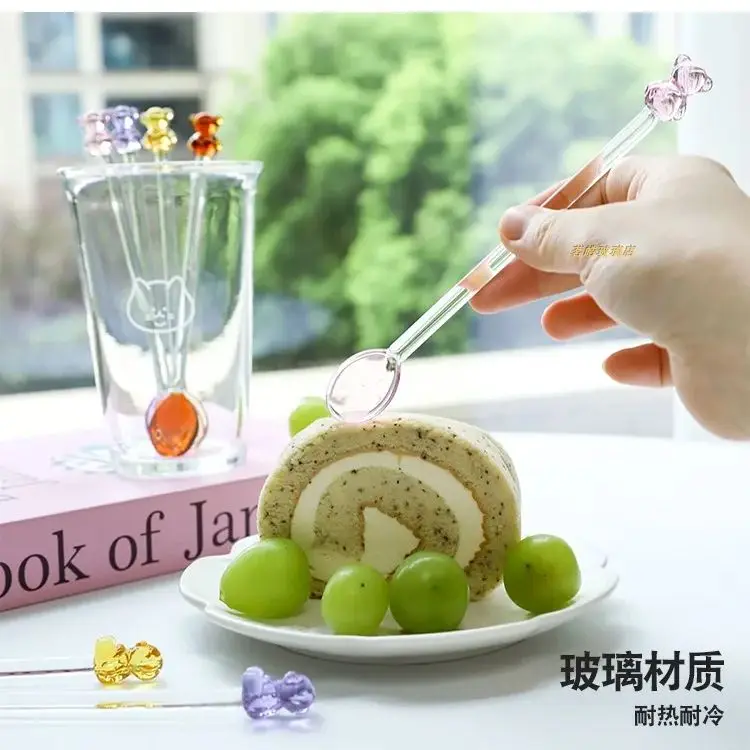 Japanese Style Creative Milk Dessert Teddy Bear Spoon Colorful Transparent Glass Spoon Cute Long Handled Coffee Stirring Spoon