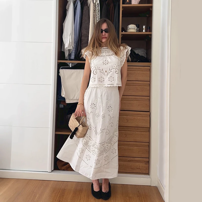 

Summer Fashion Women's White Embroidered Hollow Vintage Fly Sleeve Short Shirt Half Skirt Long Dress Three-piece Set Cotton B...