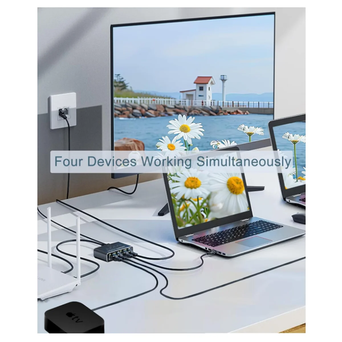 Switch Ethernet Gigabit com Cabo de Alimentação USB, Divisor Ethernet 1000Mbps, 1 a 4 de Saída, para Cat 5, 5E, 6, 7, 8, 5 Portas