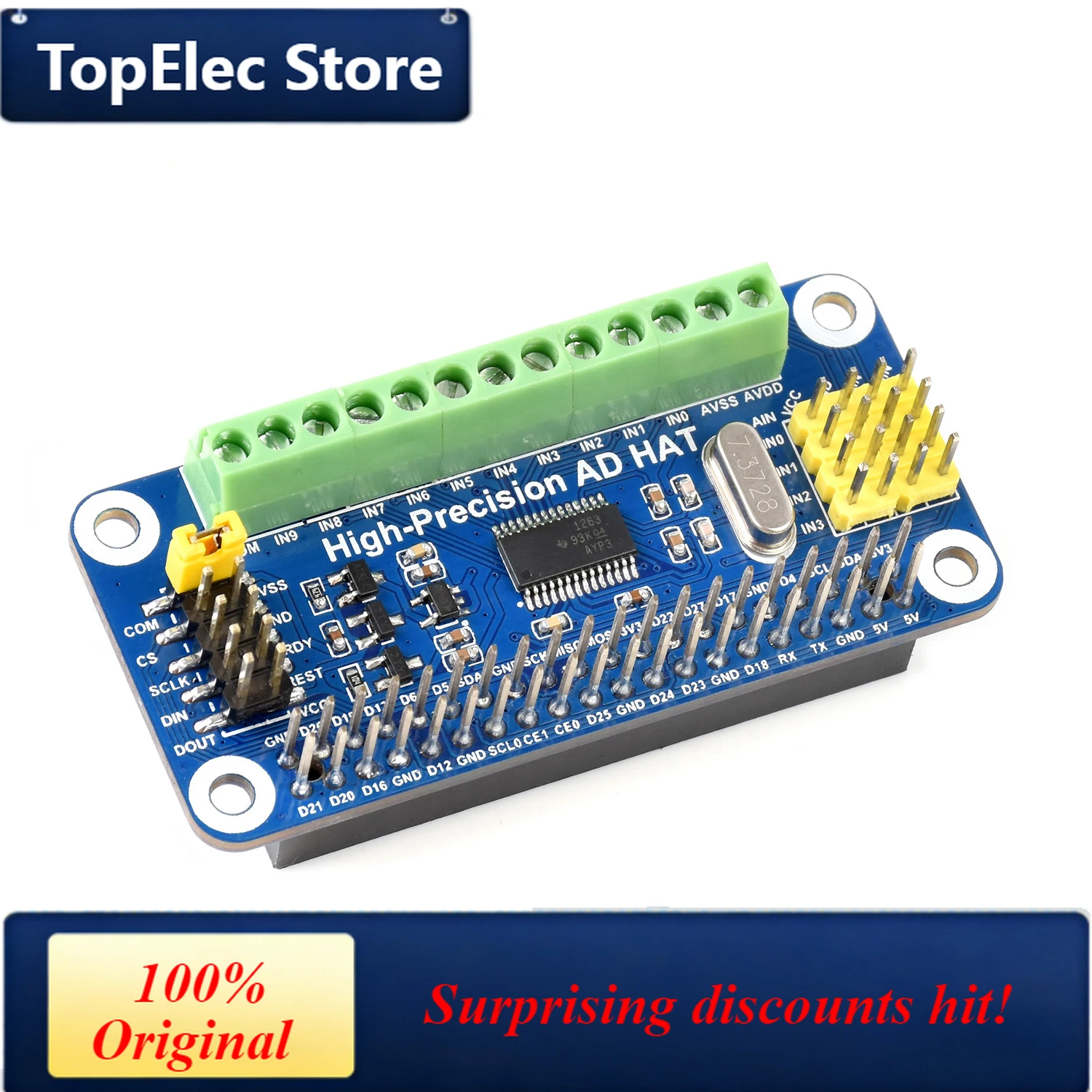 TopElec 10-Channel 32Bit ADC HAT Expansion Board for RasPi RPI Raspberry Pi Zero 2 W 3 4 Model B 5 Analog-to-Digital Converter P