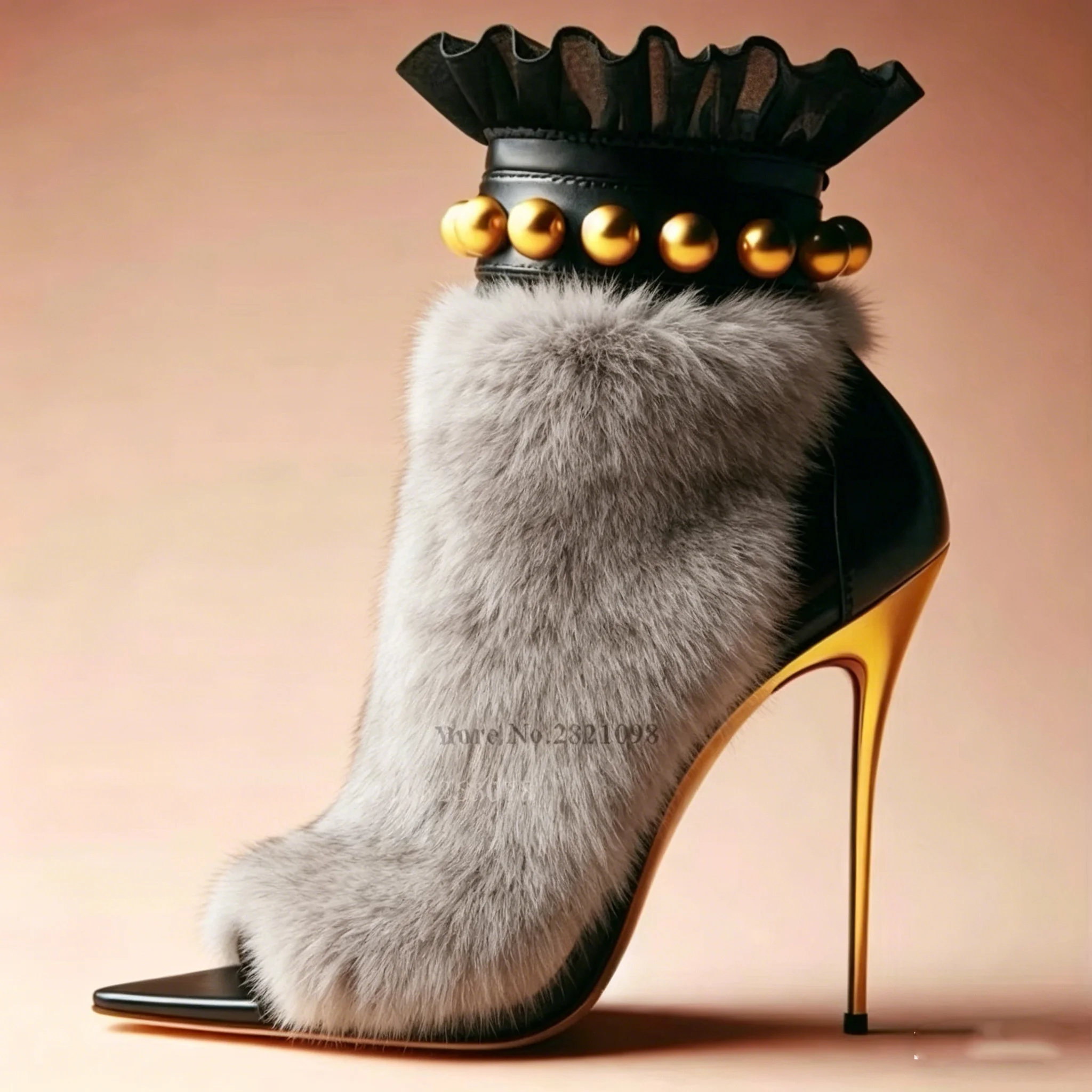

Real Fur Gold Stud Thin Heeled High Stiletto Heel Ankle Boots Pointed Toe Stilettos Heels Sexy Plush High-Heeled Shoes Women