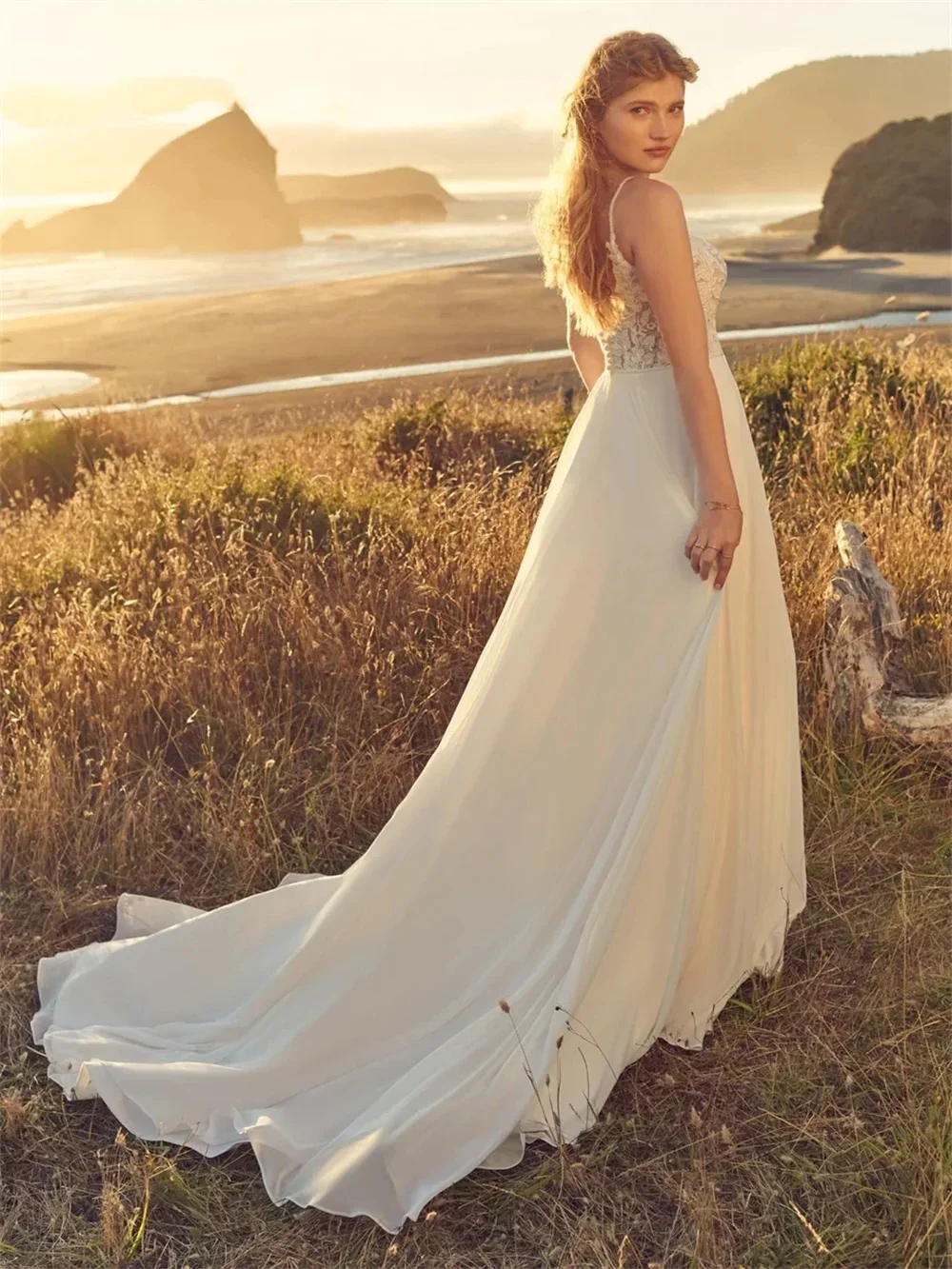 Elegante calcomanía de cuello en V de línea a, blanco marfil, novia romántica, vestido de novia personalizado, playa, fotografía pastoral, Vestidos de novia