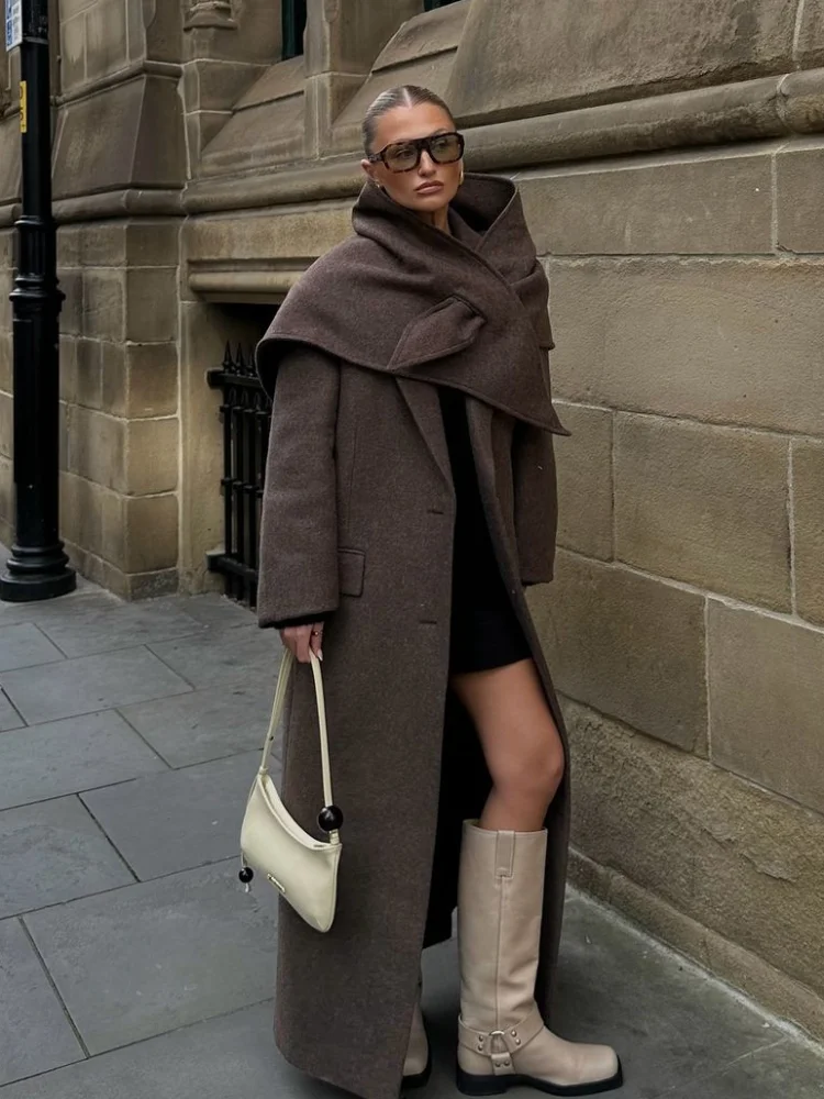 Fashion Shoulder Pad Solid Wool Overcoat Women Elegant Lapel Single-breasted Long Sleeve Coat 2025 Autumn Lady Commuter Outwear