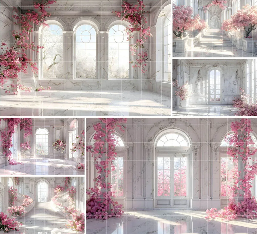 Mehofond Photography Background Pink Flowers White Marble Room Birthday Wedding Maternity Portrait Decor Backdrop Photo Studio