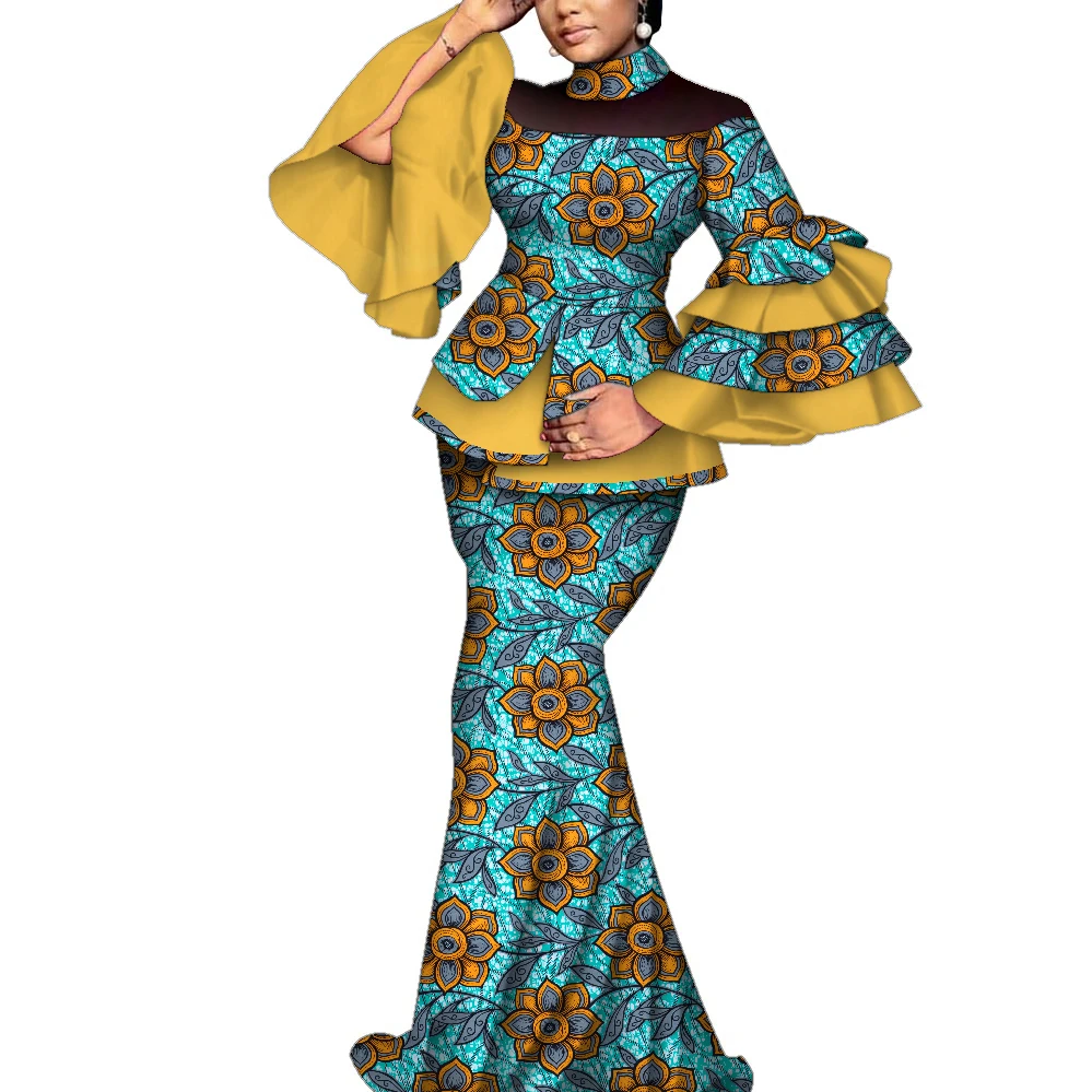 African Clothes for Women 2 Pieces Set Flare Sleeve Shirt and Maxi Long Skirt Elegant Dashiki Party Wedding Dress Wy10127