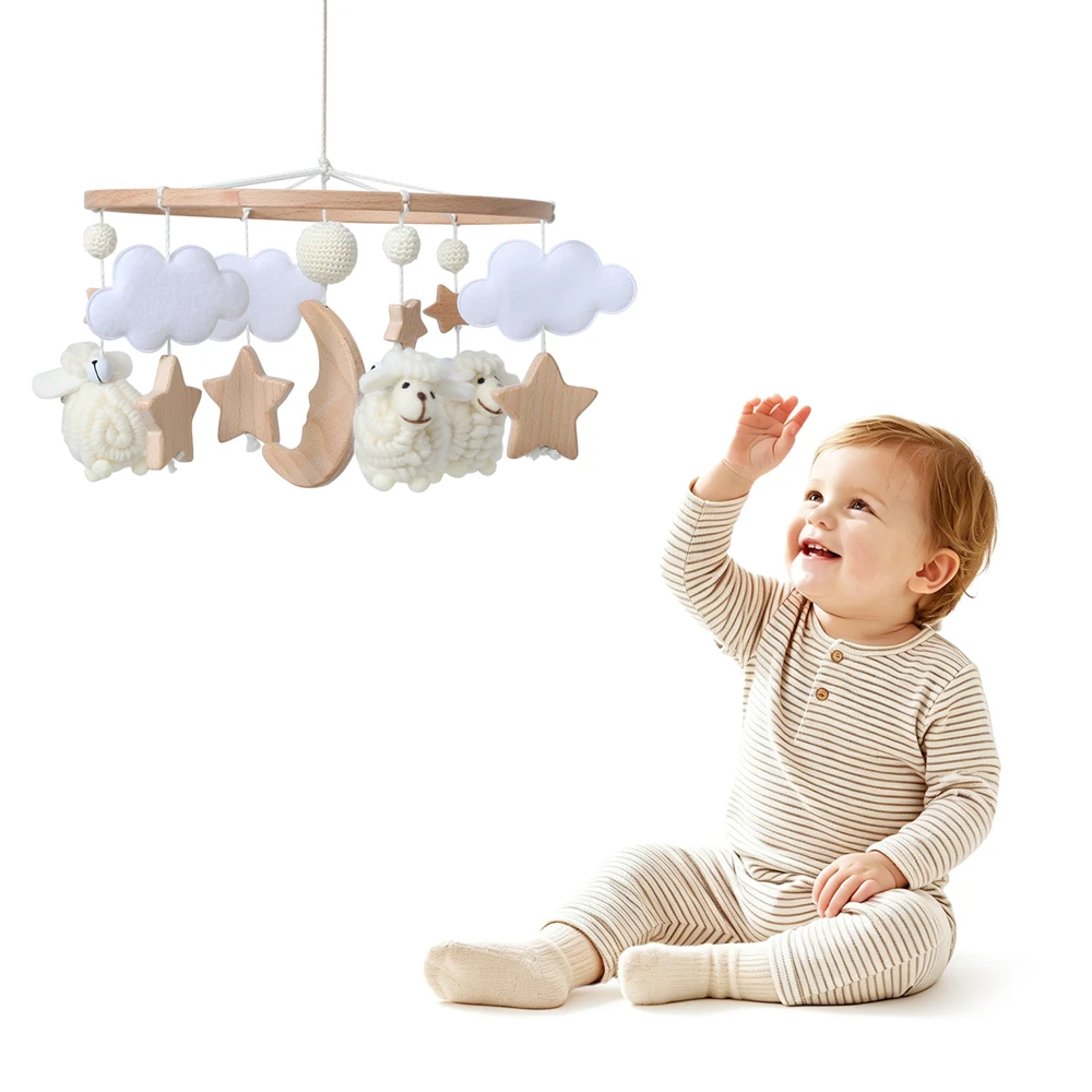 Knitted Alpaca Baby Crib Mobile Wooden Moon Stars Clouds 360 Degree Rotation Sensory Toy for Visual Development Baby Rattle Toys
