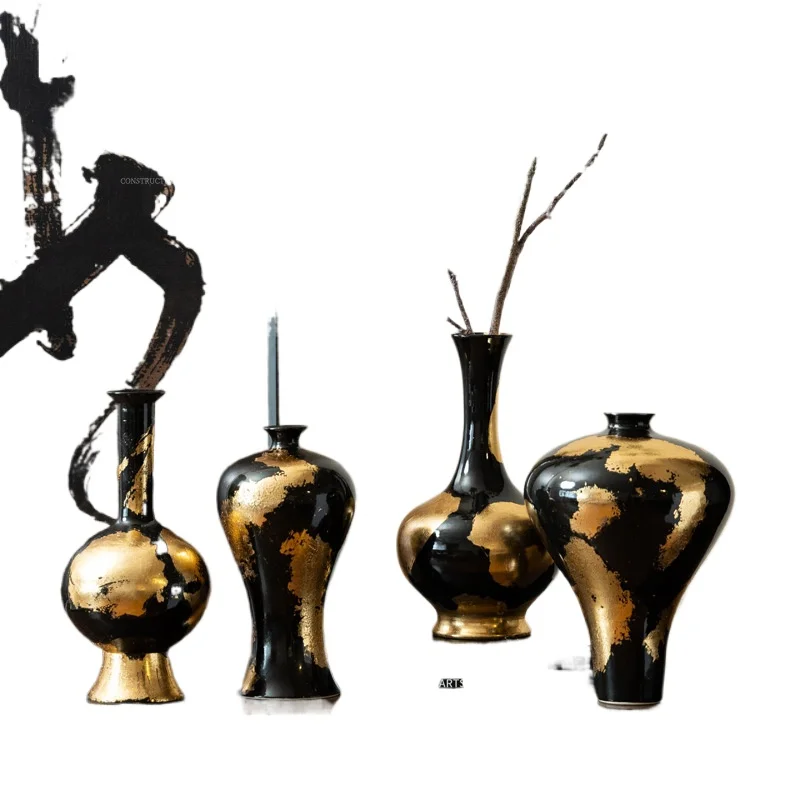 

Creative Italian light luxury gold foil vase ornament living room flower arrangement porch chest ceramic decoration