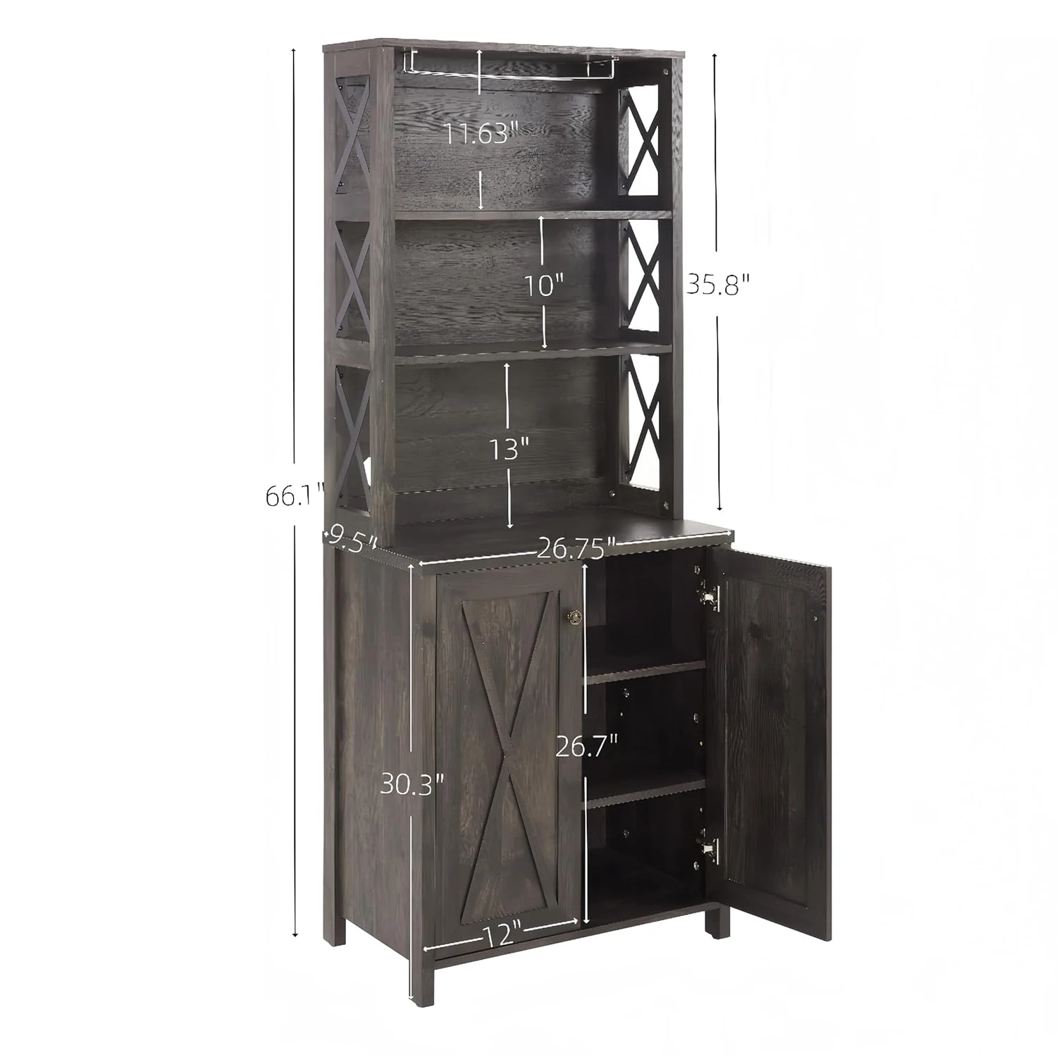 66" hoher Aufbewahrungsschrank für die Küche, Speisekammer mit Mikrowellenständer, Barschrank mit Glashalter, freistehend, mit Türregalen