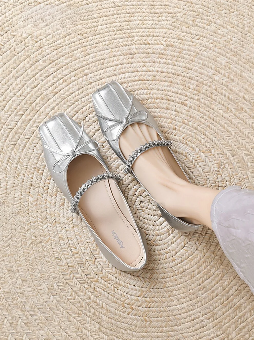 

Mary Jane Flat Shoes Women's New 2026 Spring Summer Beautiful Silver Ballet Flat Mouth Square Head Slip-On Casual Fashion
