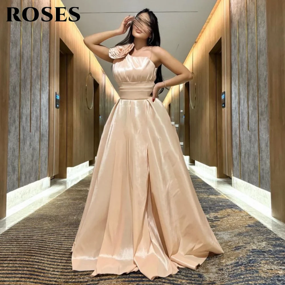 

ROSES Champagen Stain Prom Dresses 3D-Flower Sleeveless Celebrity Dress One Shoulder Women's Evening Dress for Gala Customized