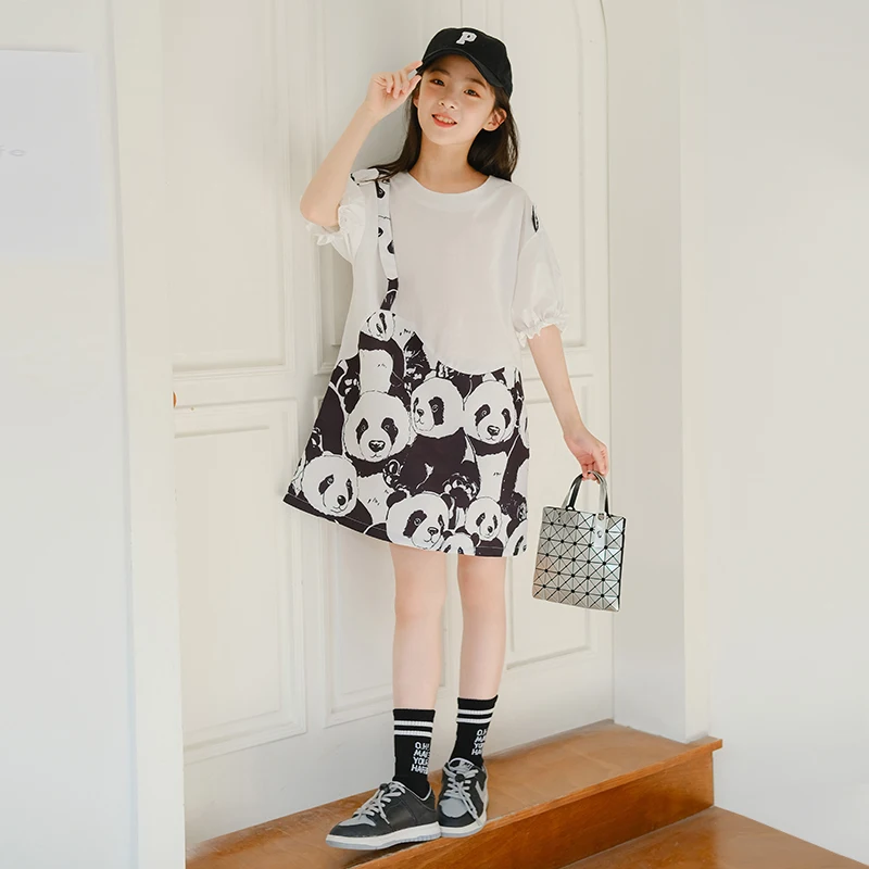 

Girls' Dress, Summer Style Short-Sleeved Dress, Kidsren's Loose Cotton Skirt, European and American Cartoon Panda Straight Medium and Large Kidsren's Printed A-Line Skirt