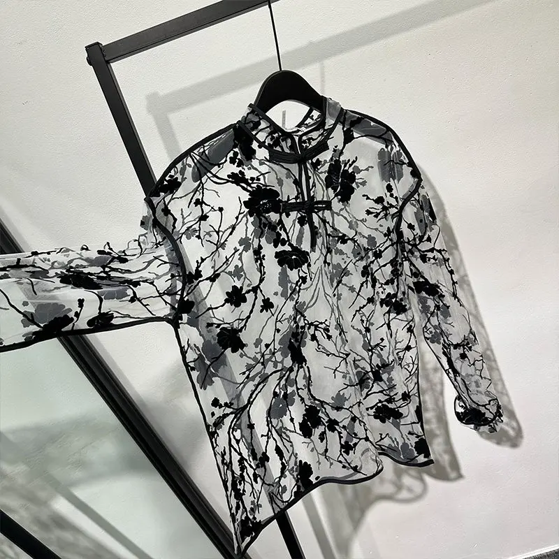 Coquettish Hollow out See through Printed Loose Stand-up Collar Button Long-Sleeved Shirt Popular Avant-Garde Temperament Top