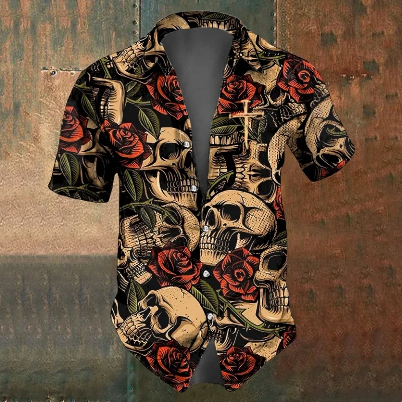 Camisa de manga curta estampada com caveira masculina, blusa larga com lapela larga, preto e branco, roupa casual de verão