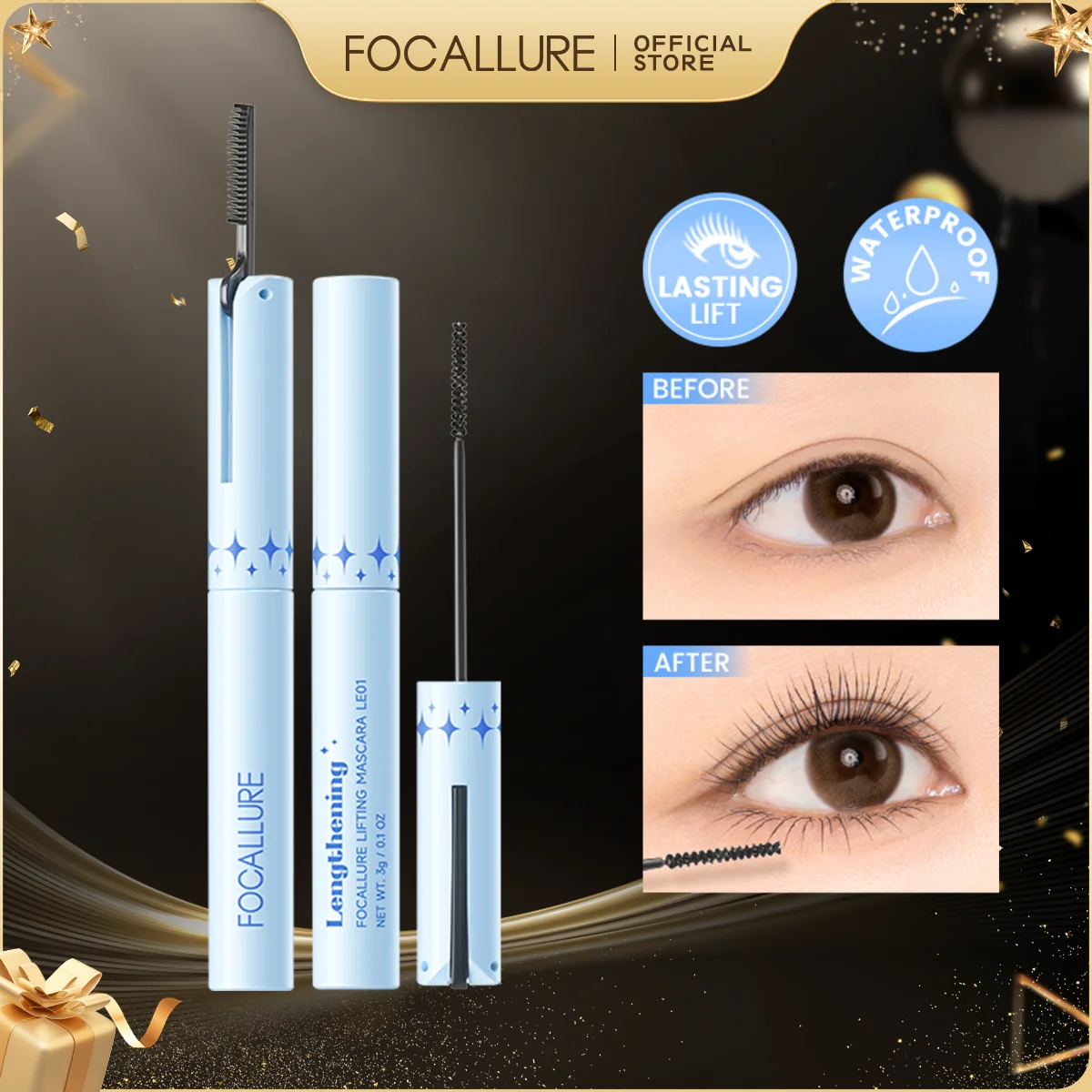 FOCALLURE Ultra-fine Black Mascara Waterproof Long-lasting Pro-Length Lengthens Eyelashes Fiber Mascara Eyes Makeup Cosmetics