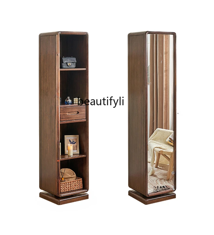 

Solid Wood Full-Body Floor Mirror Black Walnut Rotatable Bedroom Cloakroom Fitting Mirror Home