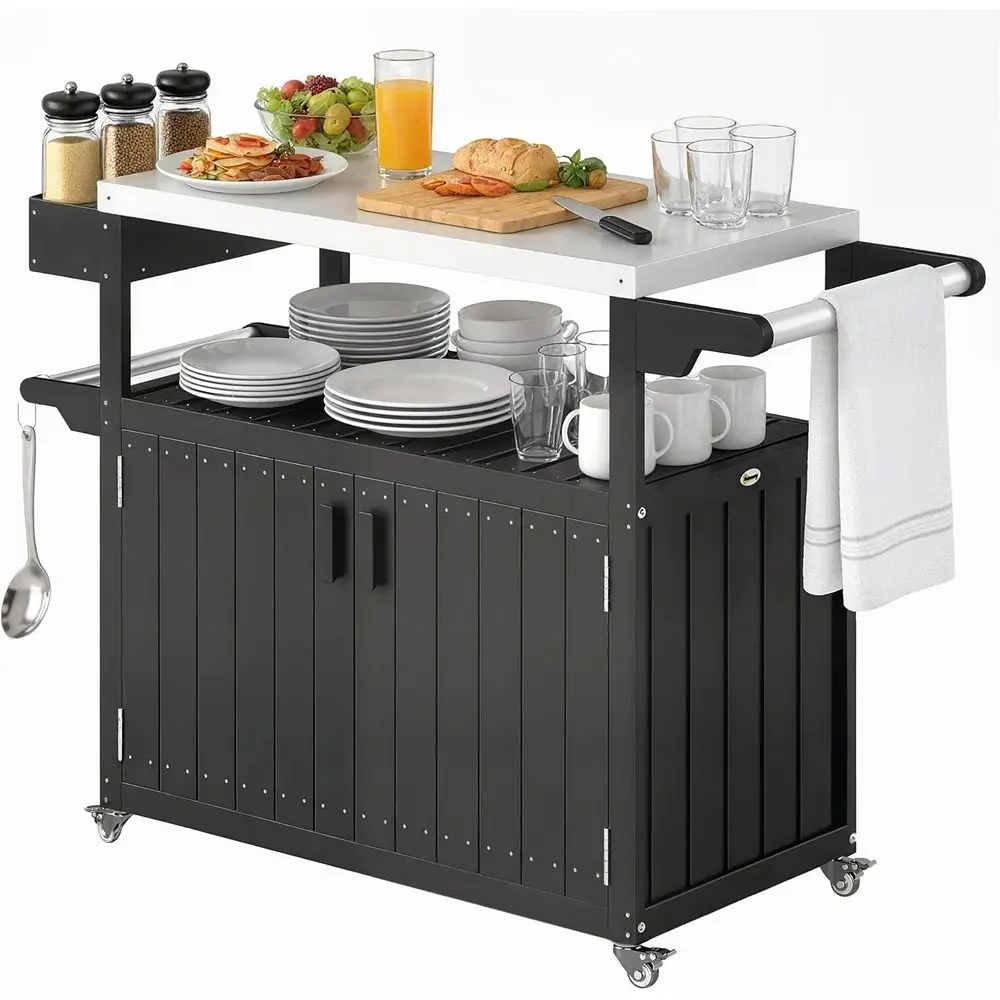 

Portable Stainless Steel Outdoor Bar Cart with Storage, Wheeled Kitchen Island, HDPE Bar Table for Patio, BBQ, and Picnics - Bla