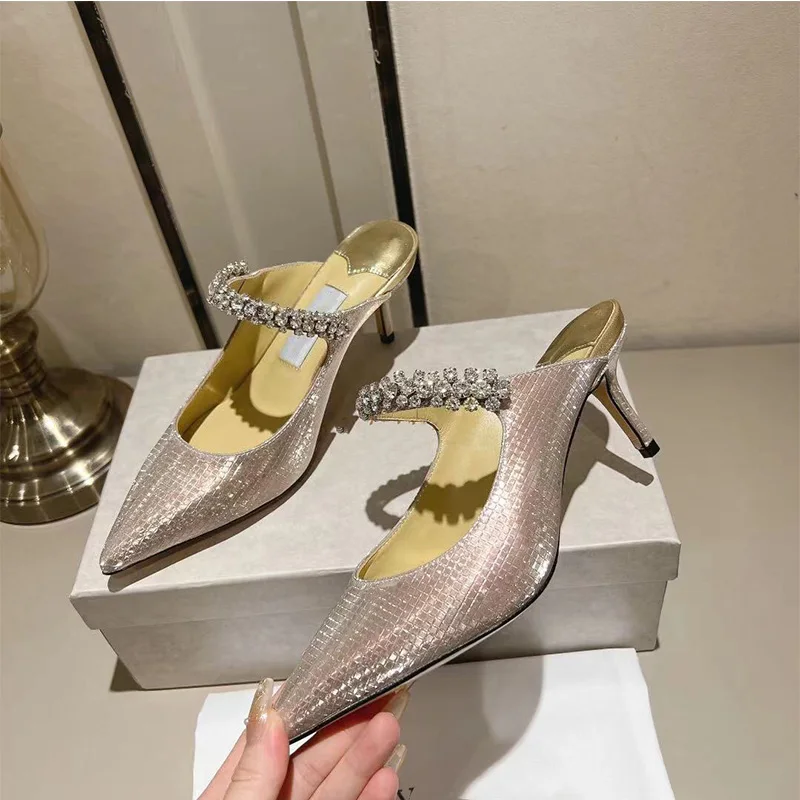 Diamond Glitter Fabric Wedding Shoes Crystal-embellished Strap Slip-on Style Genuine Leather Summer Party Stiletto Women Shoes