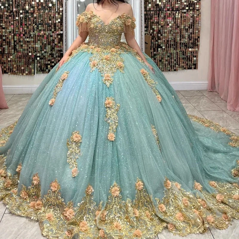 Customized Luxury Quinceanera Dresses 2025 Ball Gown Gold Floral Appliques Lace Prom Vestido 14 Sweet 15 16 Birthday Party Wear